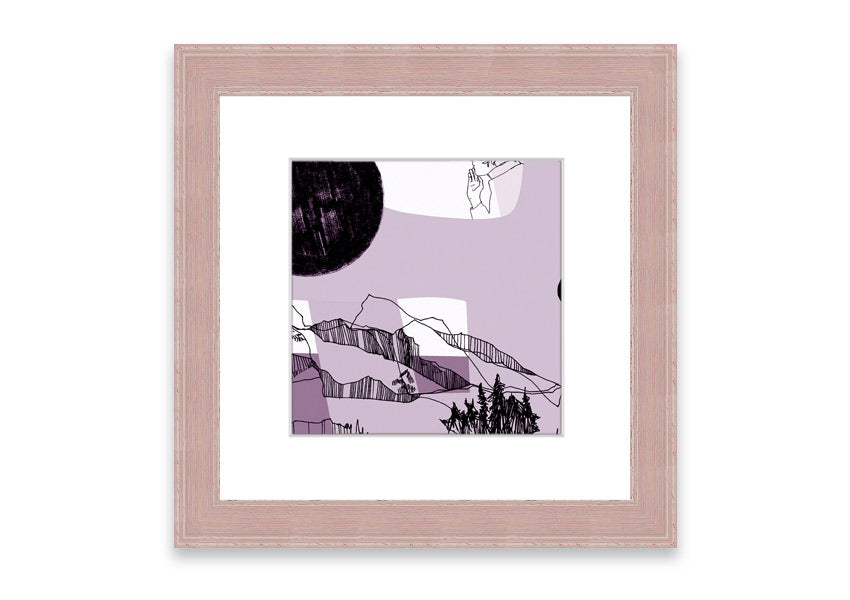 Framed print of Abstract Mountain Lilac artwork, showcasing abstract mountains in lilac tones, available in various frame colors.