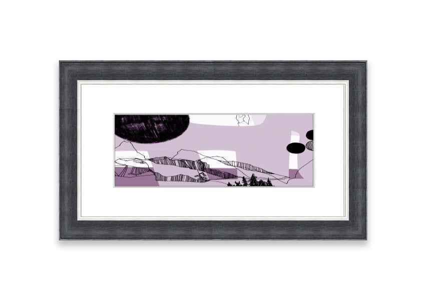 Framed print of Abstract Mountain Lilac artwork, showcasing abstract mountains in lilac tones, available in various frame colors.