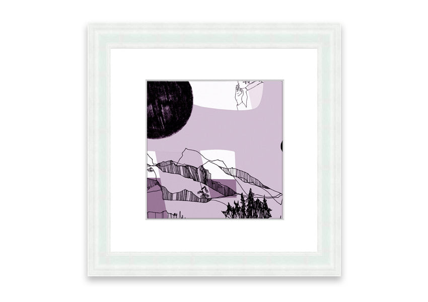 Framed print of Abstract Mountain Lilac artwork, showcasing abstract mountains in lilac tones, available in various frame colors.