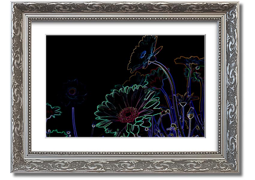 Abstract Neon Floral 04 framed print featuring vibrant colors and floral design, ready to hang.