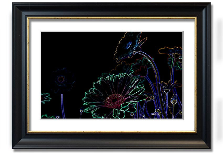 Abstract Neon Floral 04 framed print featuring vibrant colors and floral design, ready to hang.