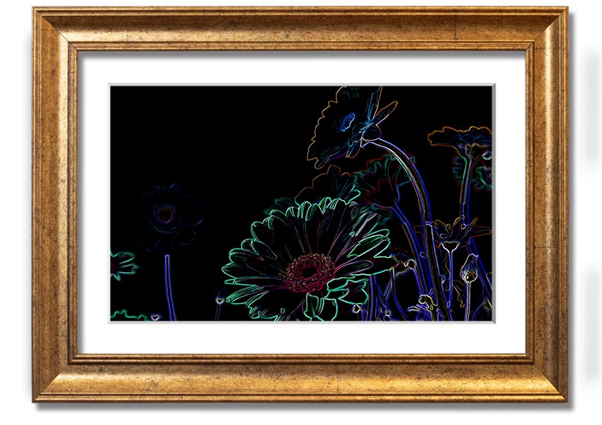 Abstract Neon Floral 04 framed print featuring vibrant colors and floral design, ready to hang.