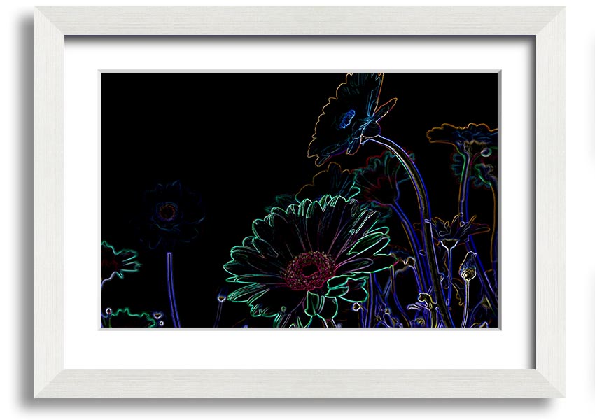 Abstract Neon Floral 04 framed print featuring vibrant colors and floral design, ready to hang.