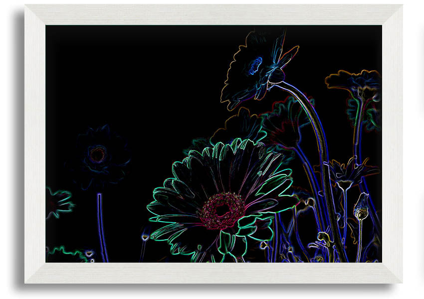 Abstract Neon Floral 04 framed print featuring vibrant colors and floral design, ready to hang.