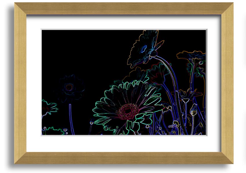 Abstract Neon Floral 04 framed print featuring vibrant colors and floral design, ready to hang.