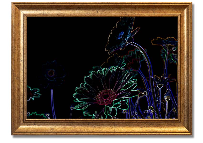 Abstract Neon Floral 04 framed print featuring vibrant colors and floral design, ready to hang.