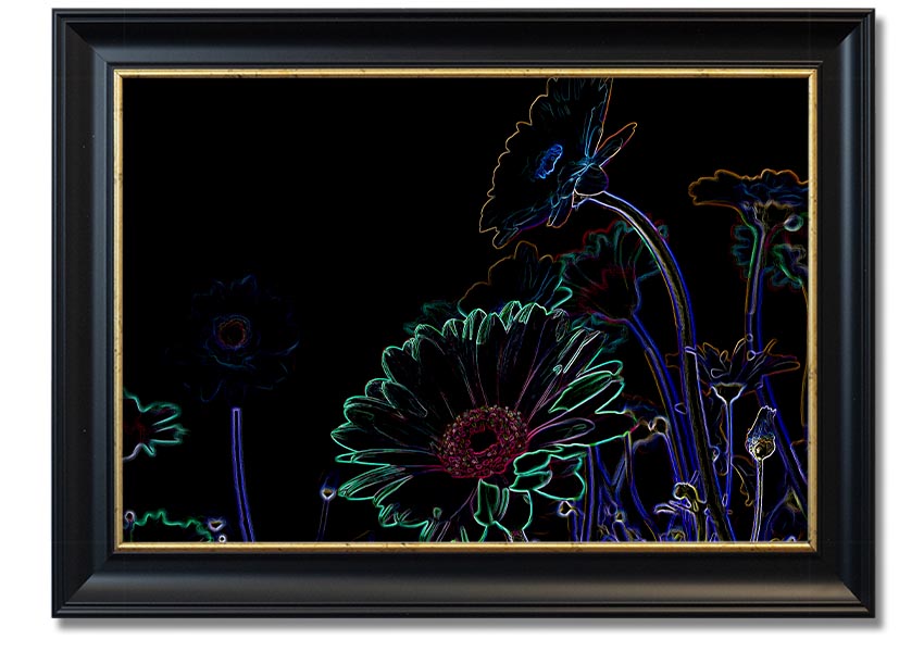 Abstract Neon Floral 04 framed print featuring vibrant colors and floral design, ready to hang.