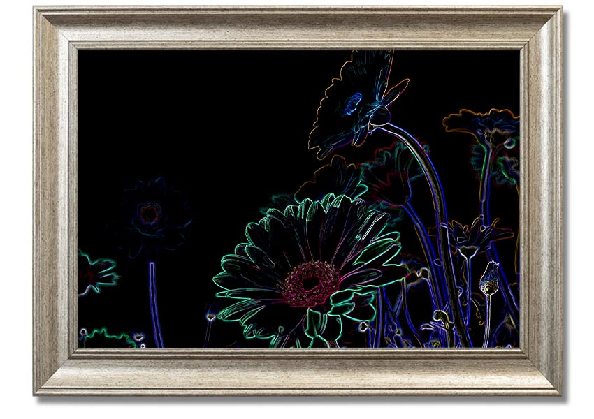 Abstract Neon Floral 04 framed print featuring vibrant colors and floral design, ready to hang.