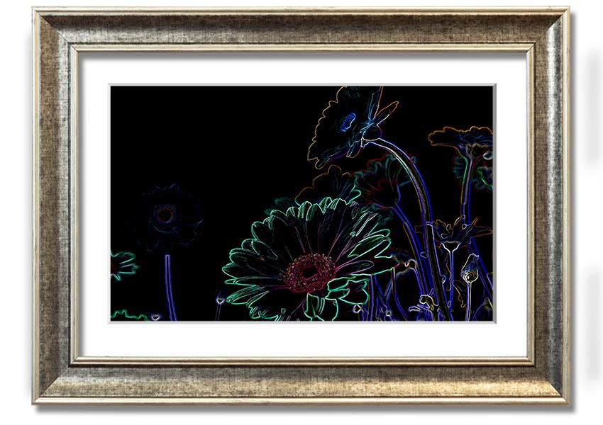 Abstract Neon Floral 04 framed print featuring vibrant colors and floral design, ready to hang.