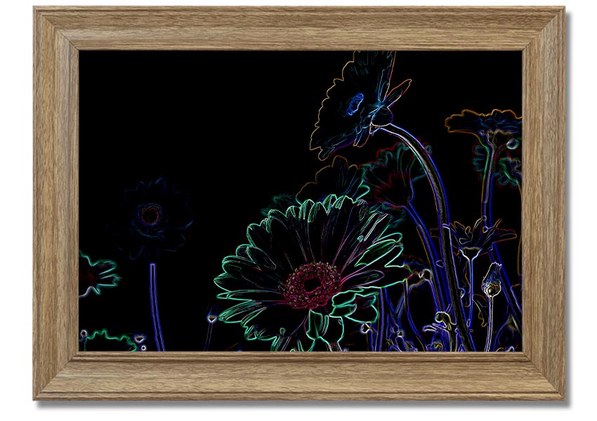 Abstract Neon Floral 04 framed print featuring vibrant colors and floral design, ready to hang.