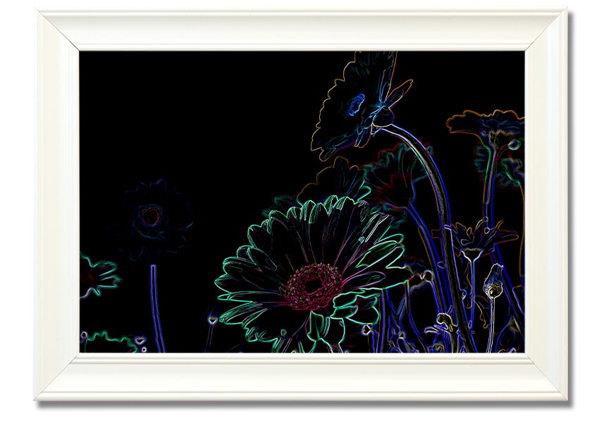 Abstract Neon Floral 04 framed print featuring vibrant colors and floral design, ready to hang.