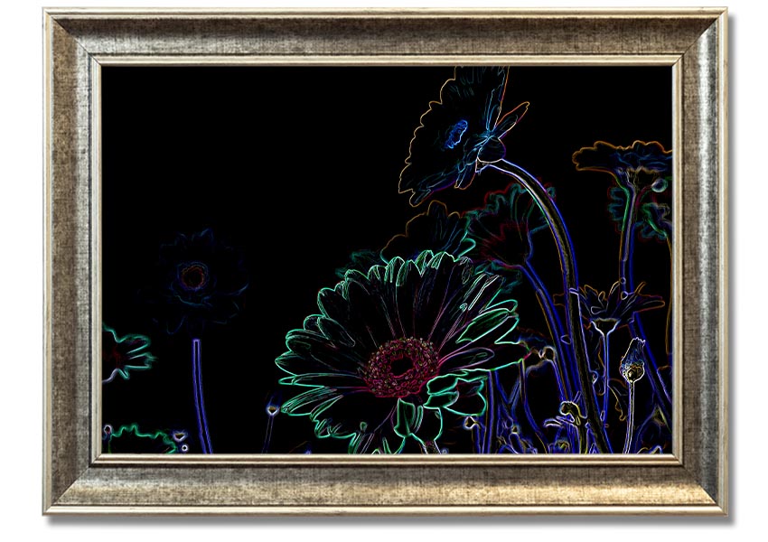 Abstract Neon Floral 04 framed print featuring vibrant colors and floral design, ready to hang.