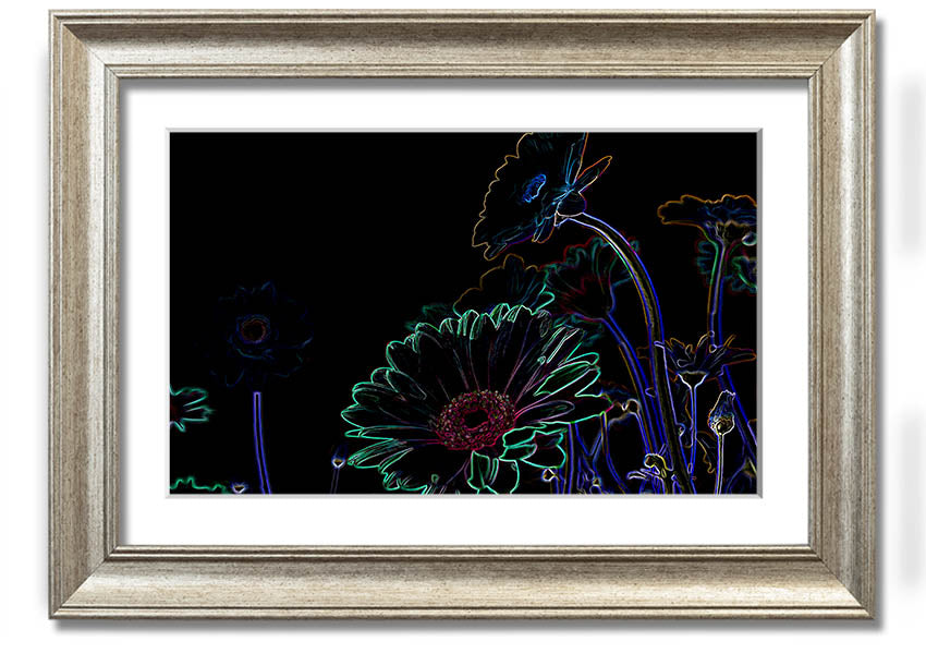 Abstract Neon Floral 04 framed print featuring vibrant colors and floral design, ready to hang.