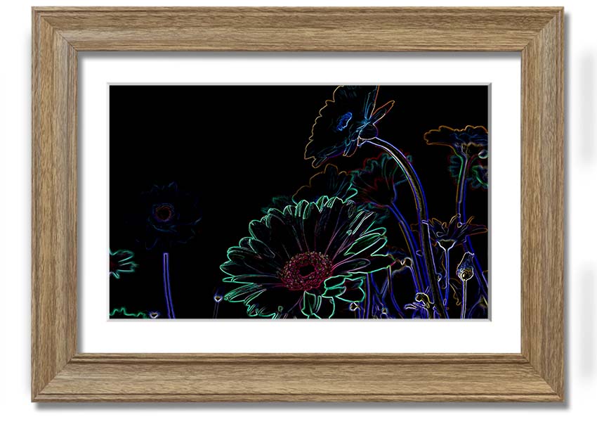 Abstract Neon Floral 04 framed print featuring vibrant colors and floral design, ready to hang.