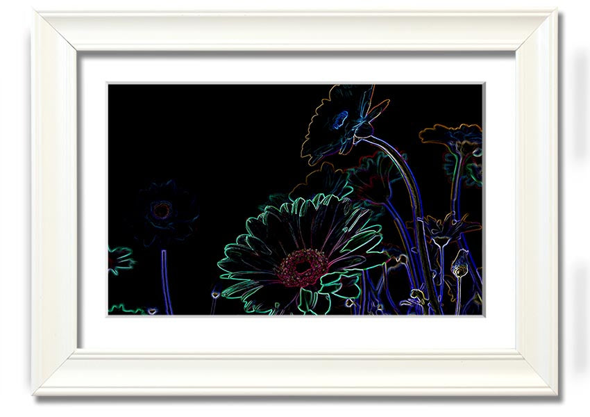 Abstract Neon Floral 04 framed print featuring vibrant colors and floral design, ready to hang.