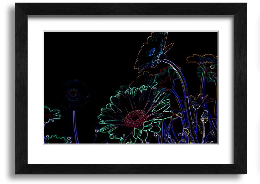 Abstract Neon Floral 04 framed print featuring vibrant colors and floral design, ready to hang.