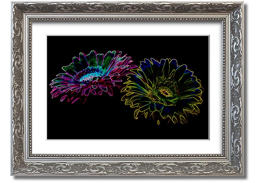 A vibrant Abstract Neon Floral 12 framed print showcasing colorful floral designs in neon hues, ready to hang.