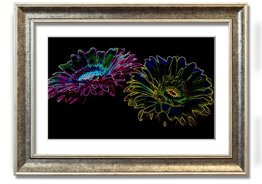 A vibrant Abstract Neon Floral 12 framed print showcasing colorful floral designs in neon hues, ready to hang.