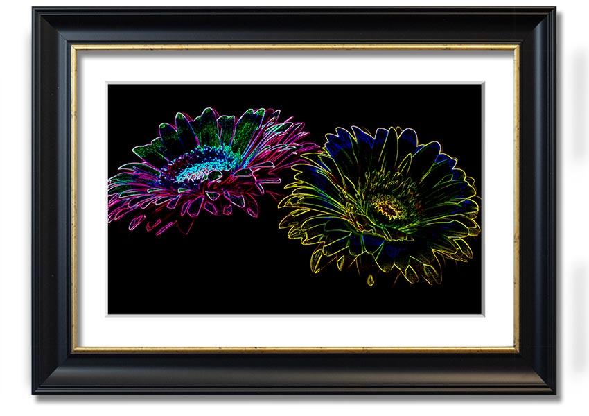 A vibrant Abstract Neon Floral 12 framed print showcasing colorful floral designs in neon hues, ready to hang.