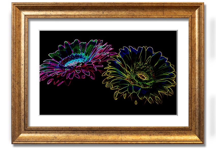 A vibrant Abstract Neon Floral 12 framed print showcasing colorful floral designs in neon hues, ready to hang.