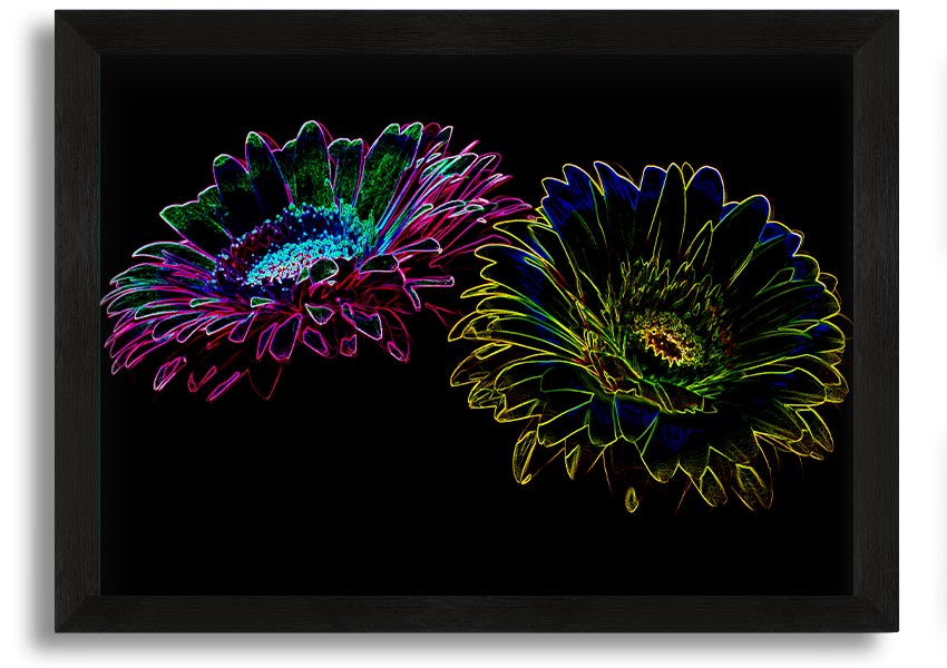 A vibrant Abstract Neon Floral 12 framed print showcasing colorful floral designs in neon hues, ready to hang.