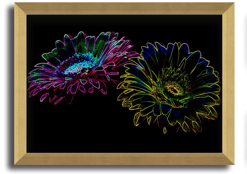 A vibrant Abstract Neon Floral 12 framed print showcasing colorful floral designs in neon hues, ready to hang.