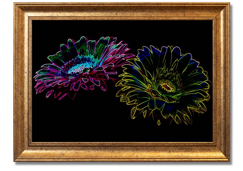 A vibrant Abstract Neon Floral 12 framed print showcasing colorful floral designs in neon hues, ready to hang.