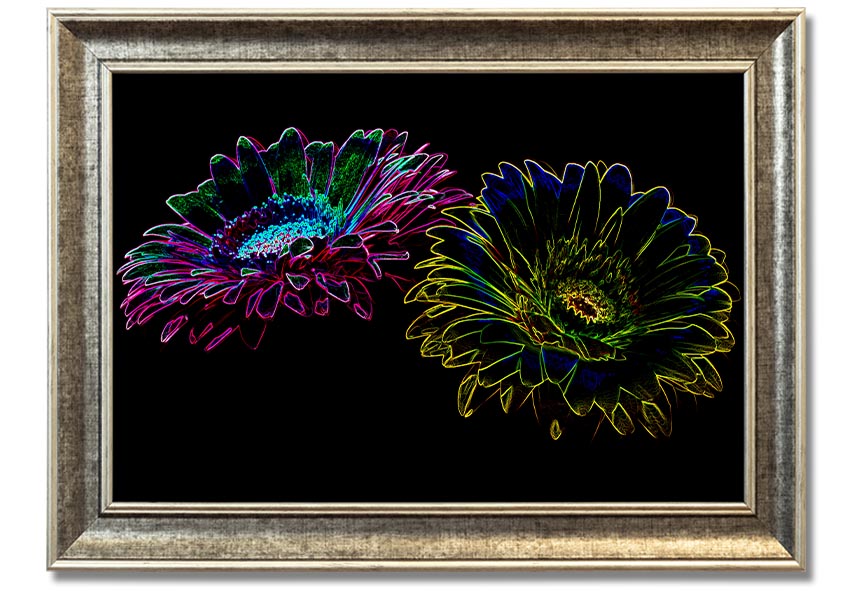 A vibrant Abstract Neon Floral 12 framed print showcasing colorful floral designs in neon hues, ready to hang.