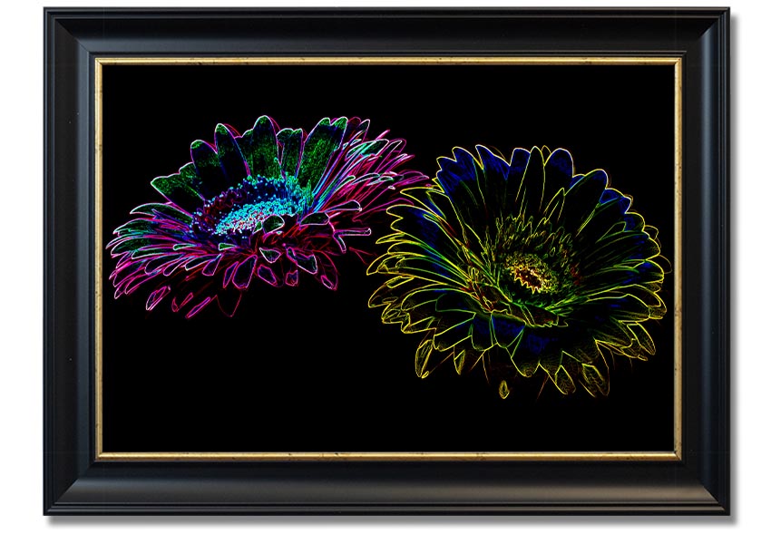 A vibrant Abstract Neon Floral 12 framed print showcasing colorful floral designs in neon hues, ready to hang.