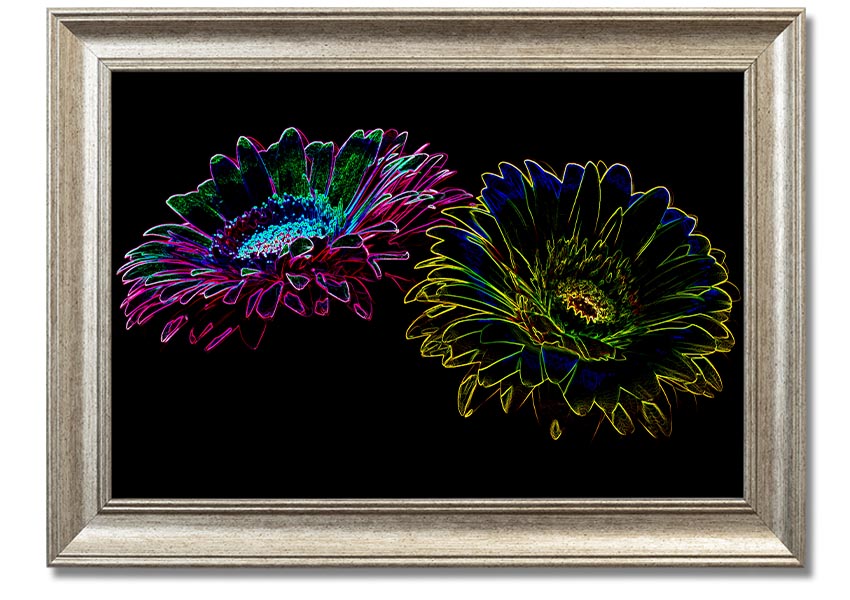 A vibrant Abstract Neon Floral 12 framed print showcasing colorful floral designs in neon hues, ready to hang.