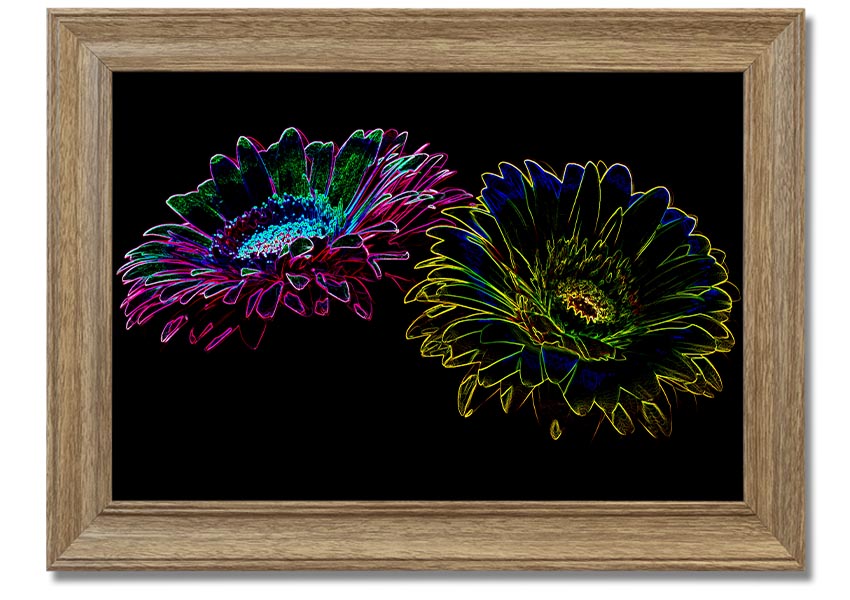 A vibrant Abstract Neon Floral 12 framed print showcasing colorful floral designs in neon hues, ready to hang.