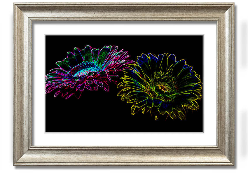 A vibrant Abstract Neon Floral 12 framed print showcasing colorful floral designs in neon hues, ready to hang.