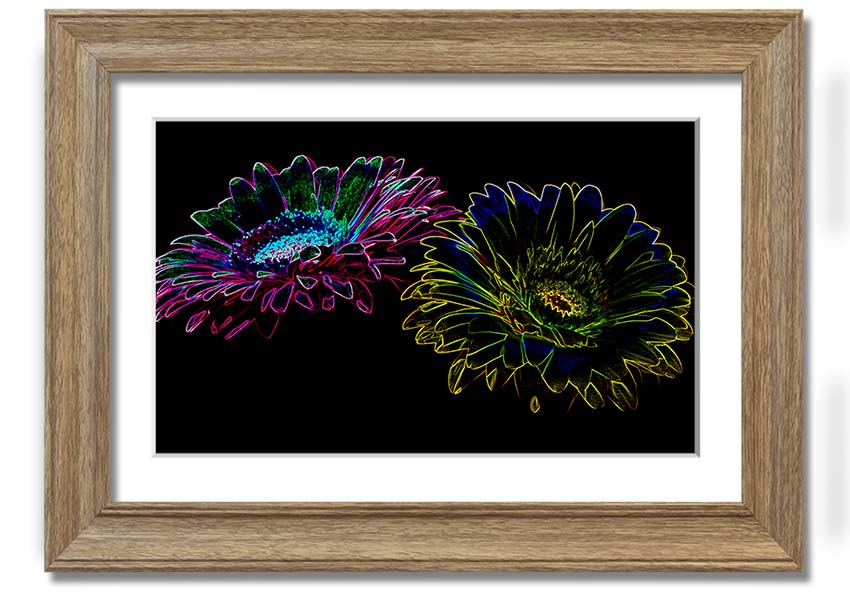 A vibrant Abstract Neon Floral 12 framed print showcasing colorful floral designs in neon hues, ready to hang.