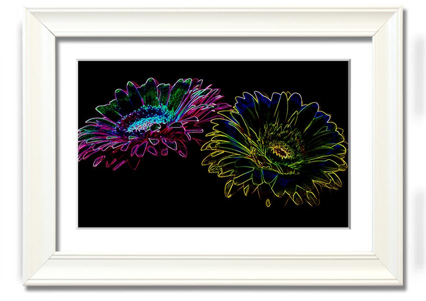 A vibrant Abstract Neon Floral 12 framed print showcasing colorful floral designs in neon hues, ready to hang.