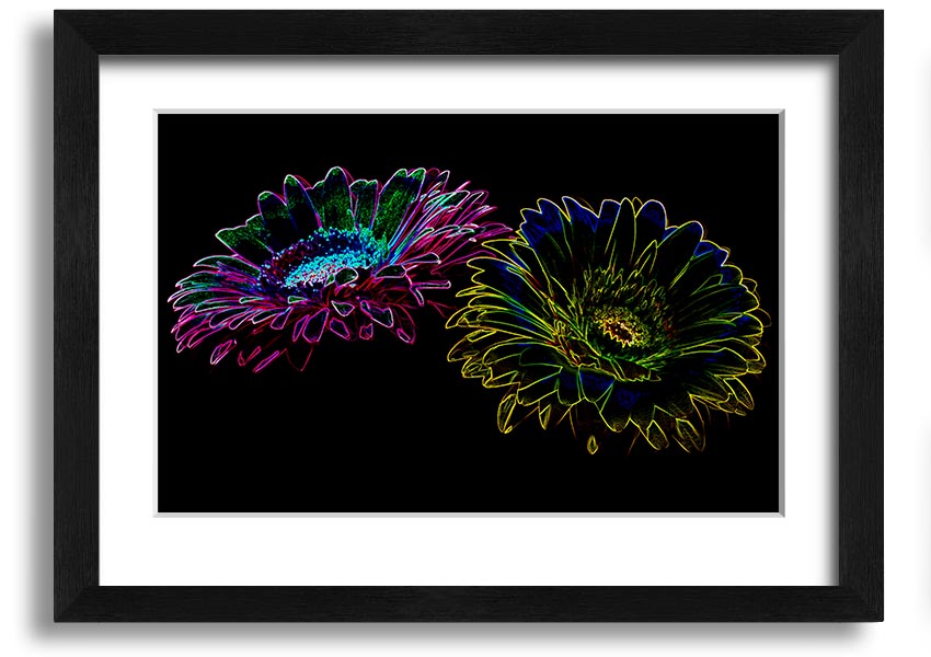 A vibrant Abstract Neon Floral 12 framed print showcasing colorful floral designs in neon hues, ready to hang.