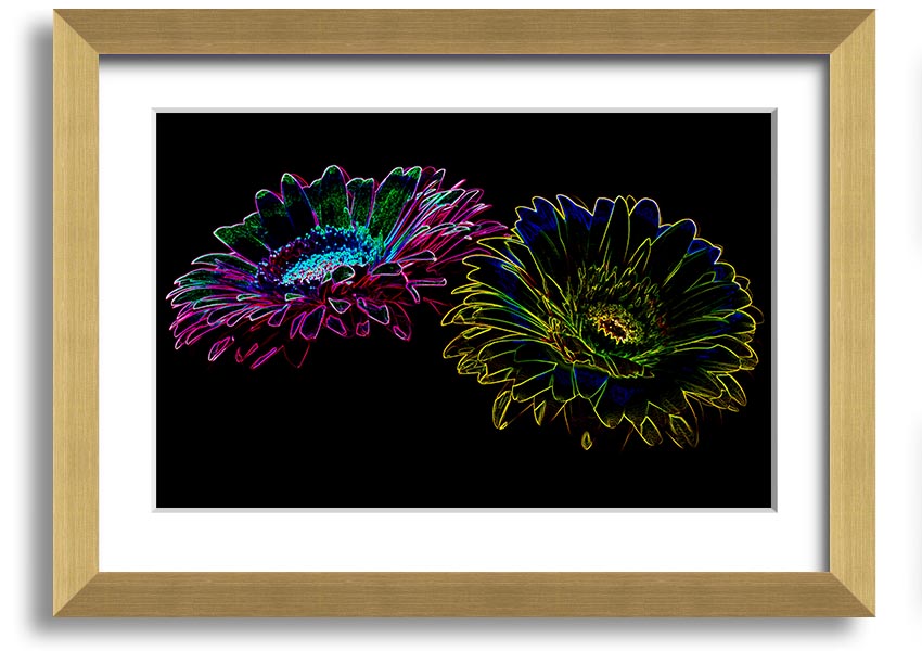 A vibrant Abstract Neon Floral 12 framed print showcasing colorful floral designs in neon hues, ready to hang.