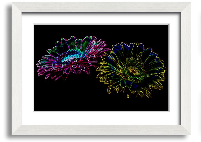 A vibrant Abstract Neon Floral 12 framed print showcasing colorful floral designs in neon hues, ready to hang.