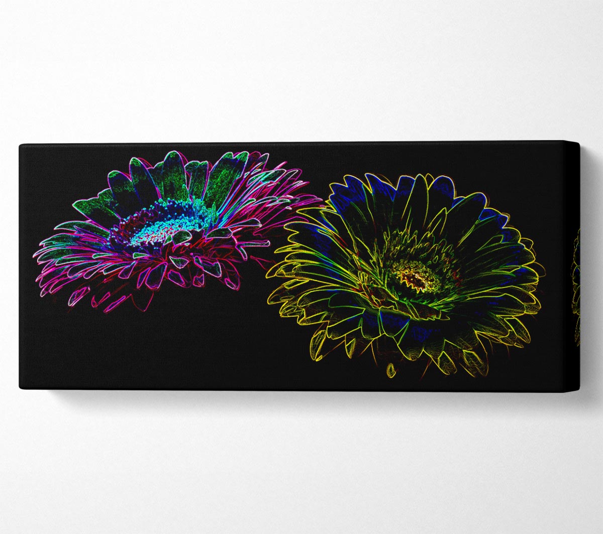 Abstract Neon Floral 12 canvas art featuring vibrant floral patterns in neon colors, mounted on a sturdy box frame.