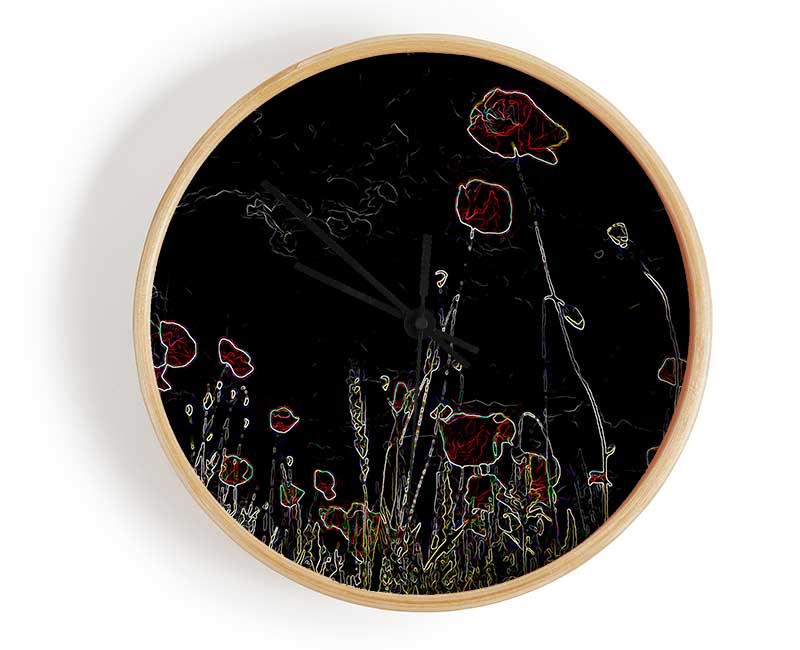 Abstract Neon Floral 17 clock made from natural bamboo with vibrant floral design and clear Plexiglas lens.