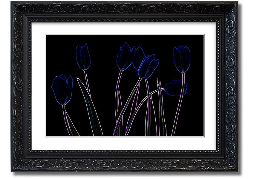 Abstract Neon Floral 23 framed print featuring vibrant colors and intricate floral patterns, ready to hang.