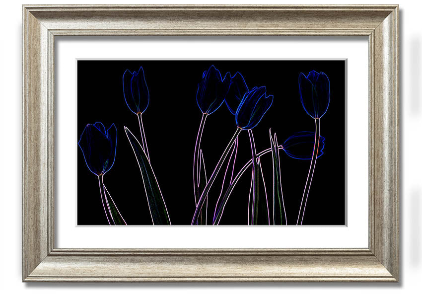 Abstract Neon Floral 23 framed print featuring vibrant colors and intricate floral patterns, ready to hang.