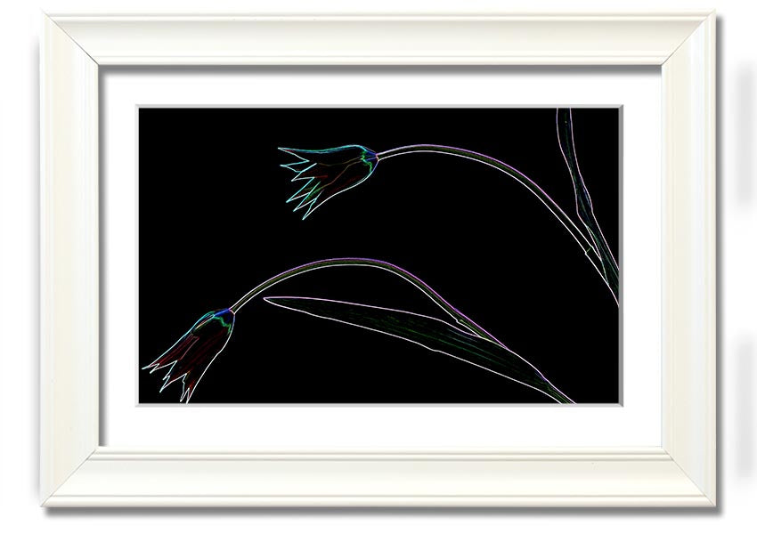 Abstract Neon Floral 27 framed print featuring vibrant colors and floral design, ready to hang.