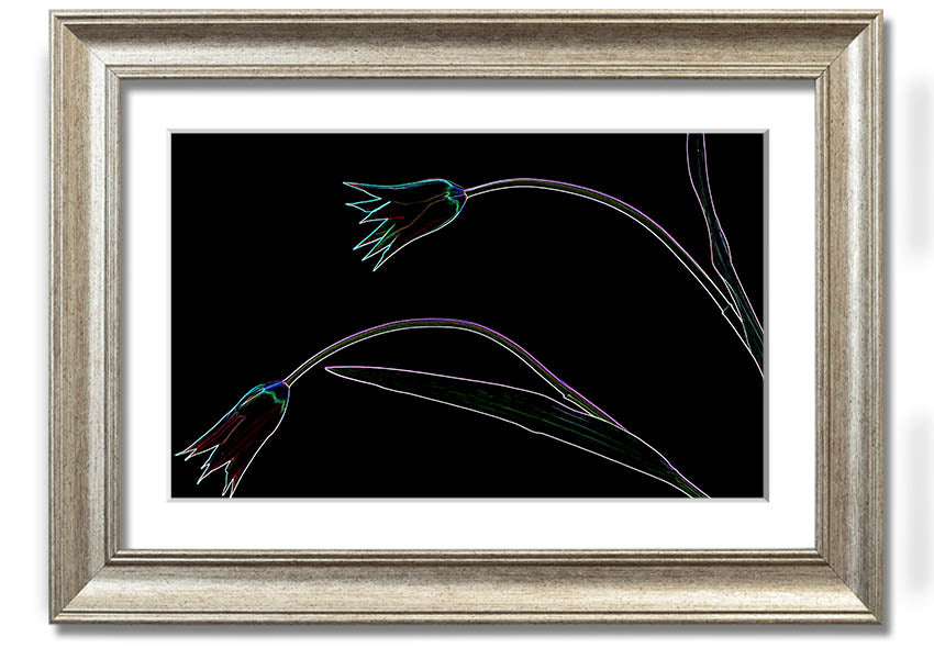 Abstract Neon Floral 27 framed print featuring vibrant colors and floral design, ready to hang.