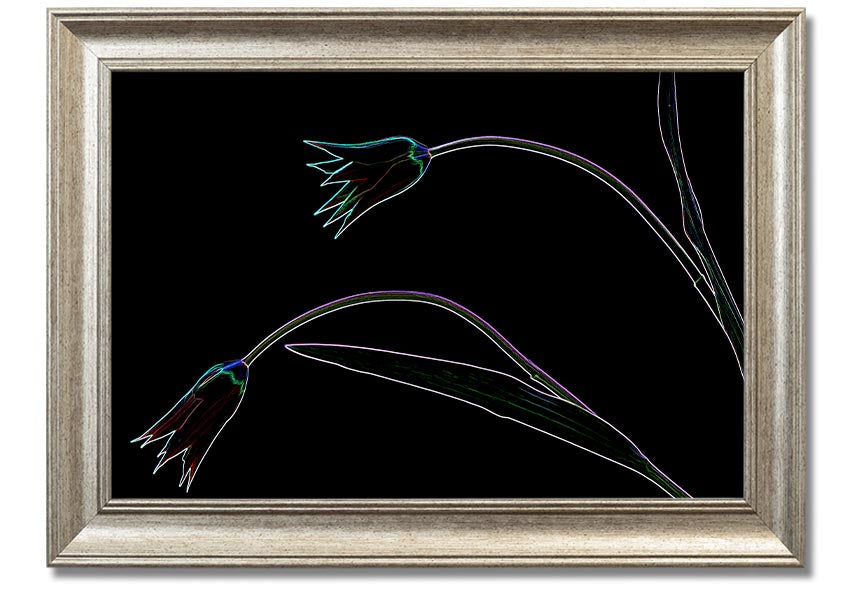 Abstract Neon Floral 27 framed print featuring vibrant colors and floral design, ready to hang.