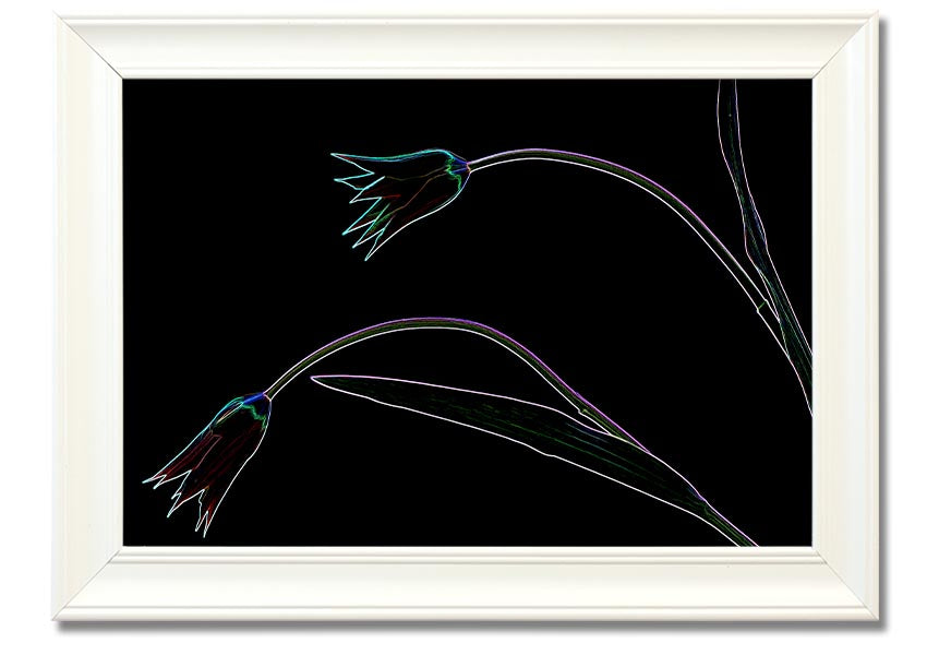 Abstract Neon Floral 27 framed print featuring vibrant colors and floral design, ready to hang.