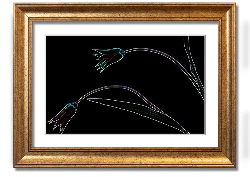 Abstract Neon Floral 27 framed print featuring vibrant colors and floral design, ready to hang.