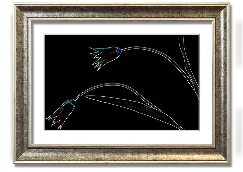 Abstract Neon Floral 27 framed print featuring vibrant colors and floral design, ready to hang.