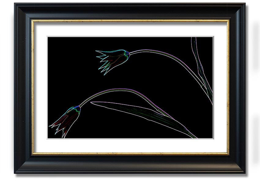 Abstract Neon Floral 27 framed print featuring vibrant colors and floral design, ready to hang.