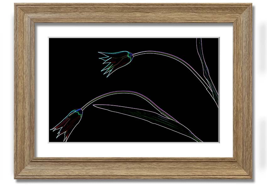 Abstract Neon Floral 27 framed print featuring vibrant colors and floral design, ready to hang.