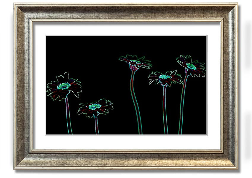 Abstract Neon Floral 29 framed print featuring vibrant colors and floral patterns, ready to hang.